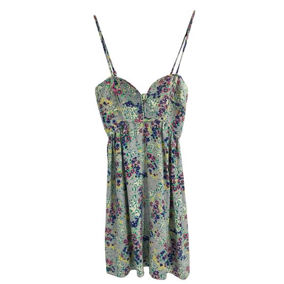 Parker Teal Gray Floral Sundress Smocked Back Sweetheart Neck Spaghetti Strap - Picture 1 of 9